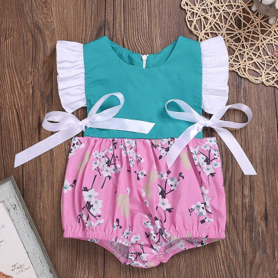 

Baby Newborn Girls Floral Pattern Jumpsuit Sleeveless Romper With Bowknot Design Infant Casual Bodysuit Outfits