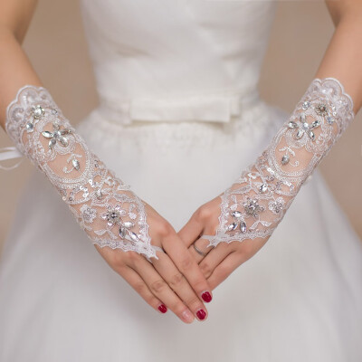 

1 Pair Bride Wedding Dress White Gloves Rhinestone Sequin Fingerless Glove Bead Lace Glove Wedding Bridal Gloves