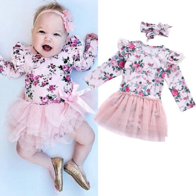 

Newborn Baby Girls Floral Print Long Sleeve Lace Design Mesh Rompers Dress With Headband 2019