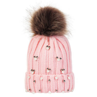 

Womens Winter Ladies Crochet Smile Face Pearl Beanie Pom Bobble Ski Cap Hat