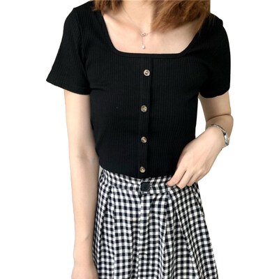 

Spring Autumn Women Solid Color Square Neck Short Sleeve Buttons Knitted T-Shirt