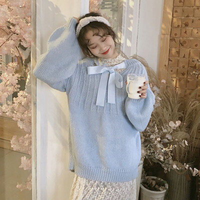 

Korean Sweet Loose-Fit Lantern Sleeve Bowtie Lace-up Sweater Women Knitted Loose Solid Color Jumpers Pullover