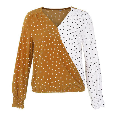 

2019 Women Blouse Autumn Winter New Constrast Color Wave Point Shirt Long Sleeve V-Neck Casual Fashion Shirt
