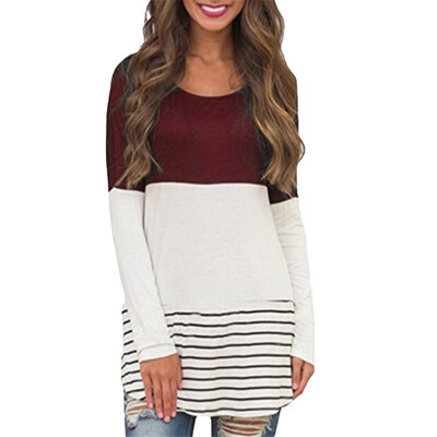 

Plus Size Color Block Striped Lace Patchwork Long Sleeve T-Shirt Women Tunic Top
