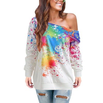 

Color Splash Ink T-Shirt Female Oblique Shoulder Spray Paint Fashion Simple Casual Wild Wild Autumn New Yards Sufficient