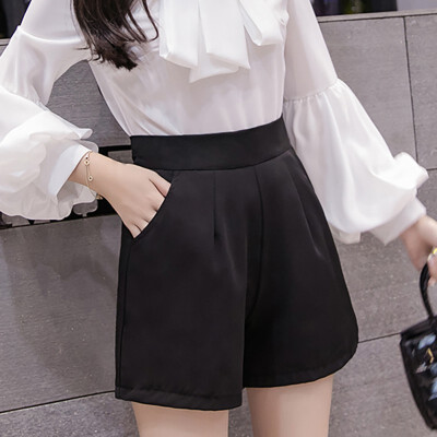 

Loose Casual Pockets Decoration Chiffon Shorts Fashion Novel Women Black Wide-leg Shorts