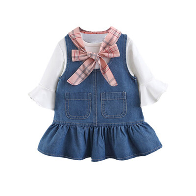 

Baby Girl Dress Long Sleeve Plaid Denim Dress Flare Sleeve Cotton T-shirt Blouse Strap Dress Casual Outfits