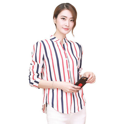 

Korean Women Temperament Striped Print Single-breasted Lapel Slim Loose Blouse Vintage Long Sleeve Casual Tops Female