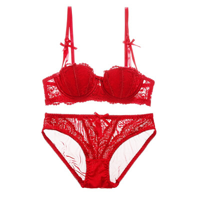 

Sexy Lingerie Set Lace Half Cup Bra Set Ladies Wireless Thin Cotton Breathable Underwear Solid Color Bow Underwear Set