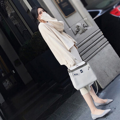 

Fashion Autumn New Women Set Long Knit Two-Piece Bag Hip Round Neck Sweater Suit Solid Color Skirt Slim Autumn Winter Set