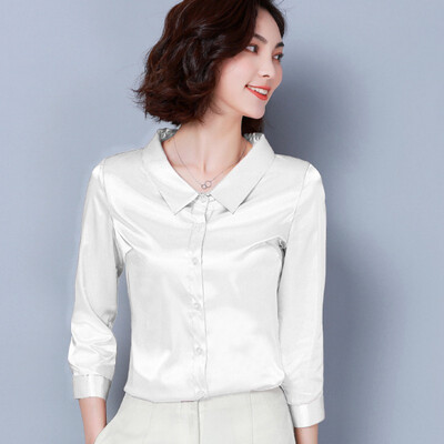 

Women Lapel Silk Temperament Blouse Solid Color Loose Autumn Vintage Cropped Sleeve Casual Bottoming Womens Tops And Blouses New