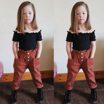 

Canis Kids Baby Girl Off Shoulder Black Top Brick Red Pants Outfit Clothes Set
