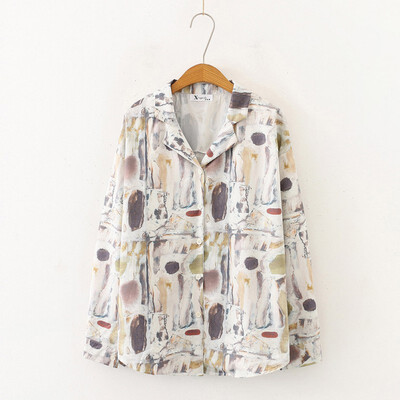 

Retro Print Turn-Down Collar Female Blouse Casual Loose Sweet Long Sleeve Women Tops