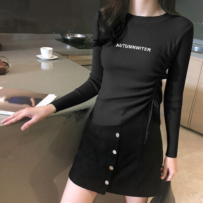 

Fashion Letter Print Women Tops Casual O-Neck Long Sleeve Solid Bandage Slim Ladies Autumn T-shirt