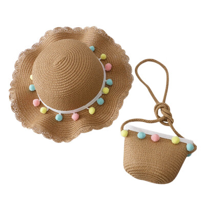 

Newborn Photography Props Straw kids Baby Hat Floral Baby Beach Cap Summer Baby Girl Hat Sun Visor Caps With Bag