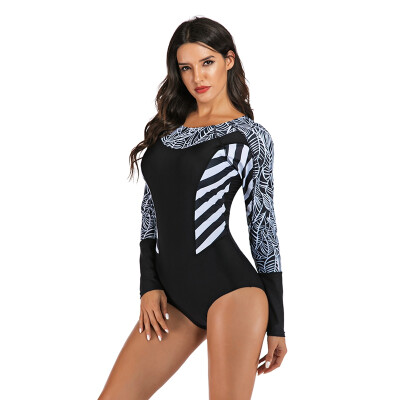 

Girls One Piece Swimsuit Women Swimwear Surfing Suit Rashguard Wire Free Zipper Swimming Long Sleeve Geometric Sexy Black