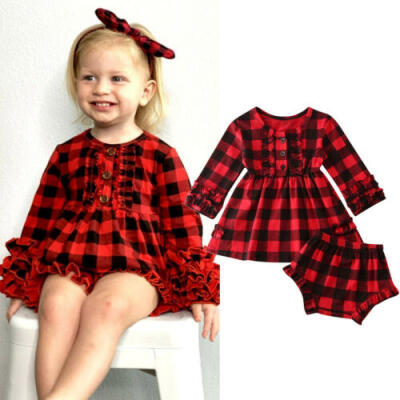 

Christmas Infant Baby Girl Clothes Plaids Ruffle Tops Dress PP Shorts Outfit Set