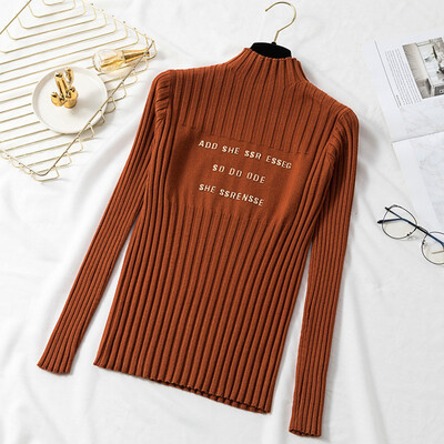 

Women Sweater Autumn Knitted Turtleneck Embroidery Letter Long Sleeve Sweater Knitwear Elasticity Casual Jumper Slim Pullover