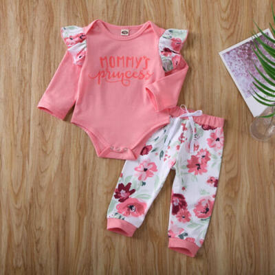 

US Sweet Newborn Baby Girls Kids Striped Long Sleeves Flower Pants Clothes 0-12M