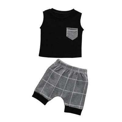 

summer children vest Plaid cropped trousers suit cotton thin 2 sets of baby clothes