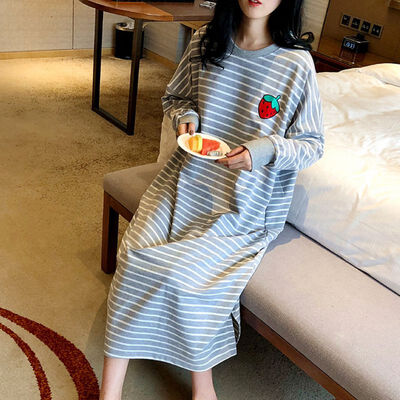 

Women Sexy Pajamas Cotton Round Neck Long Sleeve Nightdress Lingerie Cartoon Fruit Print Home Clothing