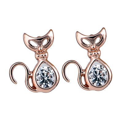 

Rose Gold Color Clear Cubic Zirconia Cat Animal Small Stud Earrings for Women Girls Fashion Party Jewelry