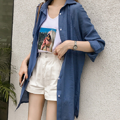 

Women Casual Shirt Solid Cardigan Turn-down Collar Blouse Loose Long Sleeve Cotton Long Blouse Coat