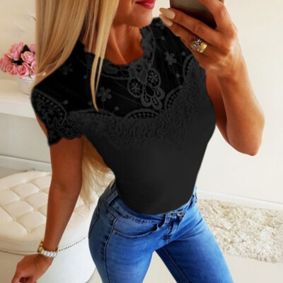 

Women Tshirt Femme Lace Short Sleeve Casual T-shirt Slim Fit Cute Tops Summer Harajuku Tee Shirt O-neck Korean