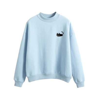 

Autumn Casual Harajuku Kawaii Black Cat Sweatshirts Cosy Women Long Sleeve Turtleneck Tops Pullover Funny Cartoon kpop