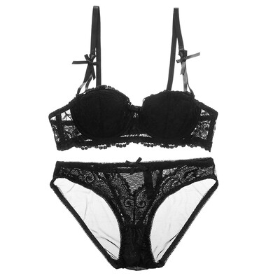 

Sexy Lingerie Set Lace Half Cup Bra Set Ladies Wireless Thin Cotton Breathable Underwear Solid Color Bow Underwear Set