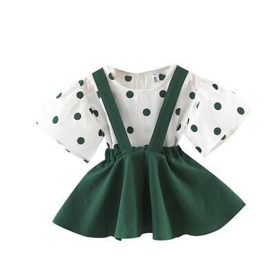 

Summer Baby Girl Flare Sleeve Polka Dot Print T-shirt Strap Skirts Cotton Casual Outfits Set