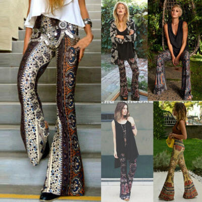 

Women Boho Hippie High Waist Loose Wide Leg Flared Bell Bottom Flroal Long Pants