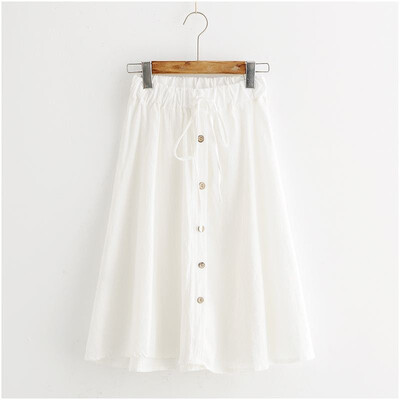

Japan stylish cozy Cotton Linen Women Skirt High Waist A Line skirt female Button Solid Skater Casual Knee-Length Pleated Skirt