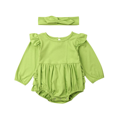 

Baby Girl Cotton Infant Long Flare Sleeve Autumn JumpsuitHeadband Newborn Romper Set