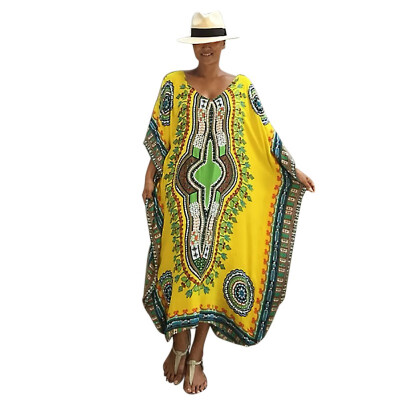 

Print Beach Sundress Sexy V-neck Bohemian Long Dress African Ethnic Summer Loose Vintage Kaftan Maxi Dresses