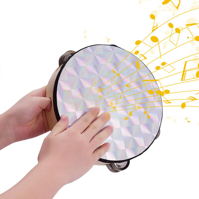 

8 Inch Wooden Radiant Tambourine Handbell Hand Drum with Double Row Jingles Reflective Drum Head Percussion Instrument Musical Toy