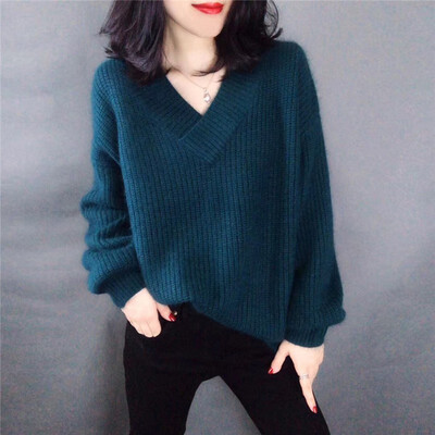 

2019 Winter Fashion Ladies Mohair Thicken Knitting Sweater Solid V-Neck Pullover Pull Femme Jumper Loose Womens Sweater sweter