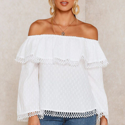 

Tailored Women American Flag Off Shoulder Mesh Panel Blouse Long Sleeve Top Shirt