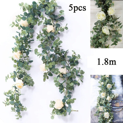 

35PCS 18M Artificial Eucalyptus Garland with Roses Greenery Garland Eucalyptus Leave for Table Wedding Backdrop Wall Decor