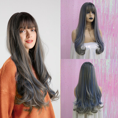 

Tailored Women Gradient Black Wig Long Curly Hair Synthetic Wig Fashion Wavy Wigs Cap