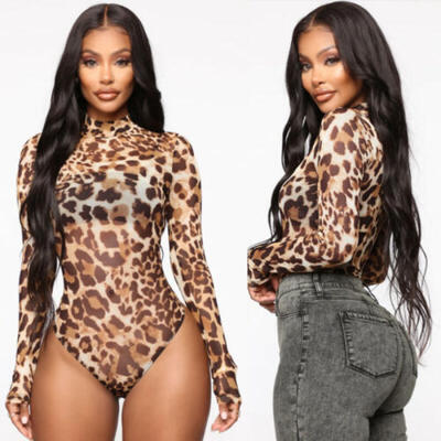 

US Women Sexy Leopard High Neck Bodysuit Ladies Long Sleeve Romper Top Clothes