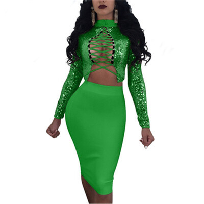 

Sexy sequins for large size womens dresses in Europe&America in summer two-piece long-sleeved dresses for night clubs