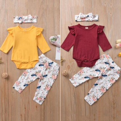 

3PCS Newborn Infant Baby Girls Tops Romper Floral Pants Headband Outfits Clothes