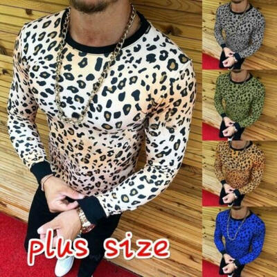 

Mens Slim Fit O Neck Long Sleeve Muscle Tee Shirts Leopard T-shirt Tops Blouse