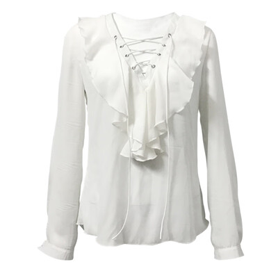 

Summer New Fashion WomenS Chiffon Blouse Sexy Lace Up O-Neck Ruffle Long Sleeve Black&White Casual Tops