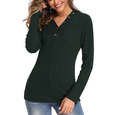 

Hot Sale Women Fashion Casual All-match Autumn And Winter Sweater V-neck Button Long-sleeved Slim Solid Color Sweater
