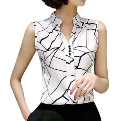 

Women Blouse Tops Chiffon Casual Sleeveless V-Neck Fashion Women Shirt Print Blouses Ladies Blusas White Summer Spring