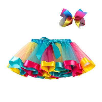 

2Pcs Baby Girls Summer Mesh Rainbow Color Matching High Waist Skirt Kid Girls Short Pleated Sweet SkirtHairband Cute 2-7y
