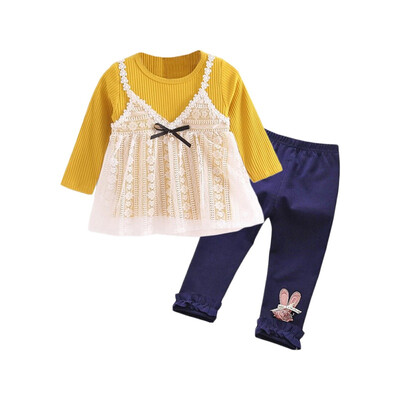 

New Autumn Baby Girls Clothes 0-4T Casual Fake 2 Piece Long Sleeve T-shirt TopsPants Suits Costume Set