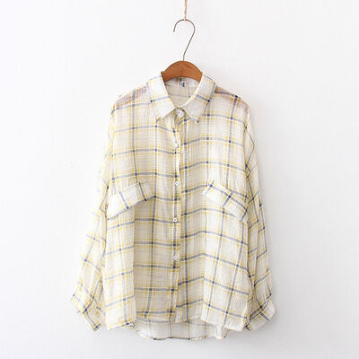 

Women Chiffon Blouse Top Full Sleeve Shirts Summer Sun Protection Tops Plaid Print Thin Shirt Blouse